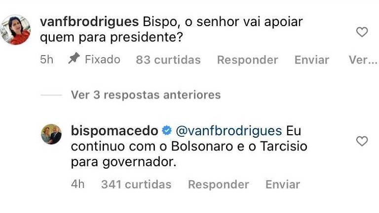 Bispo Edir Macedo diz no Facebook que apoia Bolsonaro