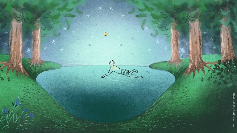 No centro da imagem há um lago azul onde um homem se banha. Ao redor do lago estão dispostos de forma simétrica pinheiros e uma vegetação rasteira em tons de verde escuro. 
