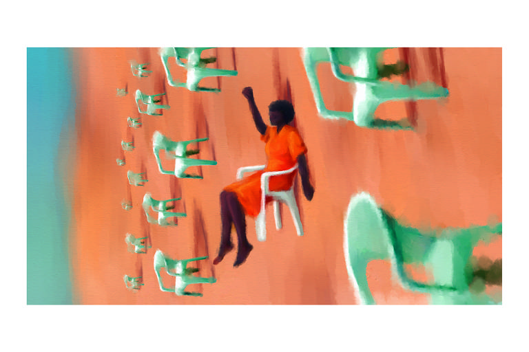 A ilustração de Adams Carvalho, publicada na Folha de São Paulo no dia 18 de Setembro de 2022, mostra o desenho de uma mulher negra com o punho erguido sentada numa cadeira entre várias outras cadeiras brancas vazias em um deserto. A mulher na cadeira está deitada no chão de areia. A cena toda está inclinada 90 graus de modo que a mulher ao centro seja o único elemento vertical.