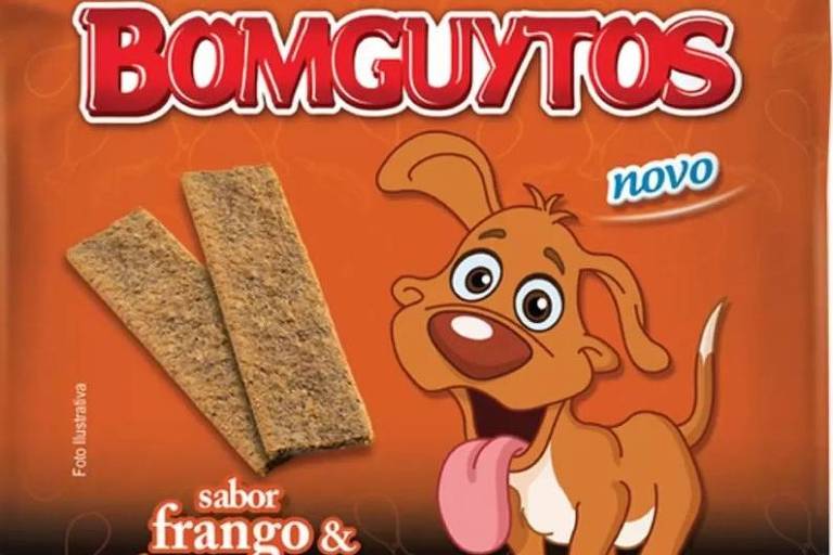 petisco para  cães mostra o nome bomguytos, a foto do petisco, a imagem de um cachorro e de uma coxa de frango para indicar o sabor