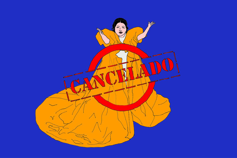 A ilustração de Annette Schwartsman, publicada na Folha de São Paulo no dia 18 de setembro de 2022, mostra, sob um fundo azul marinho, uma mulher com os braços estendidos para o alto; ela usa um vestido longo dourado que se arrasta pelo chão, como um traje de cantora de ópera. Sobre a mulher, vê-se um círculo vermelho com a palavra "cancelado" no meio, como num carimbo.