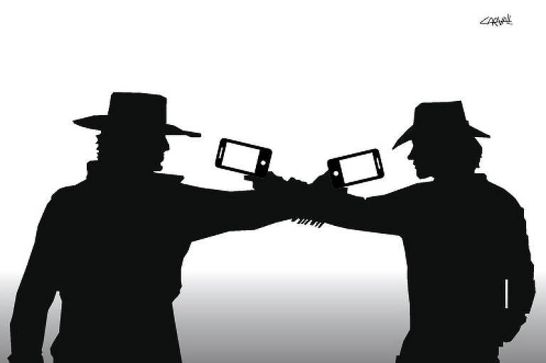Ilustração mostra a silhuieta de dois homes, um de frente para o outro. Ambos usam chapéu e roupas de vaqueiro e seguram um celular, como se fossem armas apontadas para a face do outro