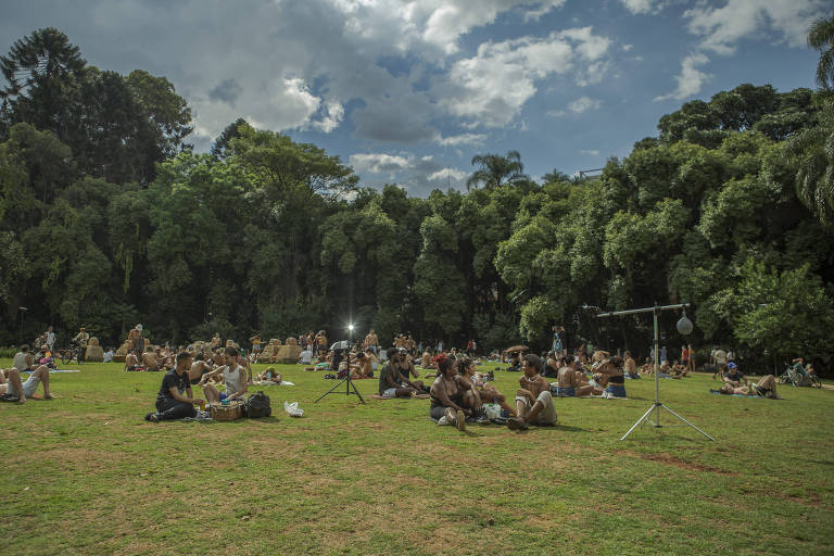 Pessoas sentadas na grama com árvores ao fundo