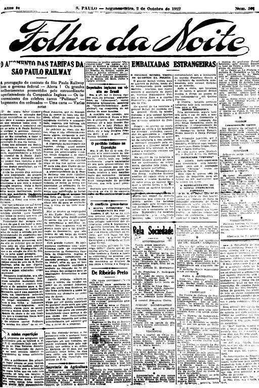 Primeira Página da Folha da Noite de 2 de outubro de 1922