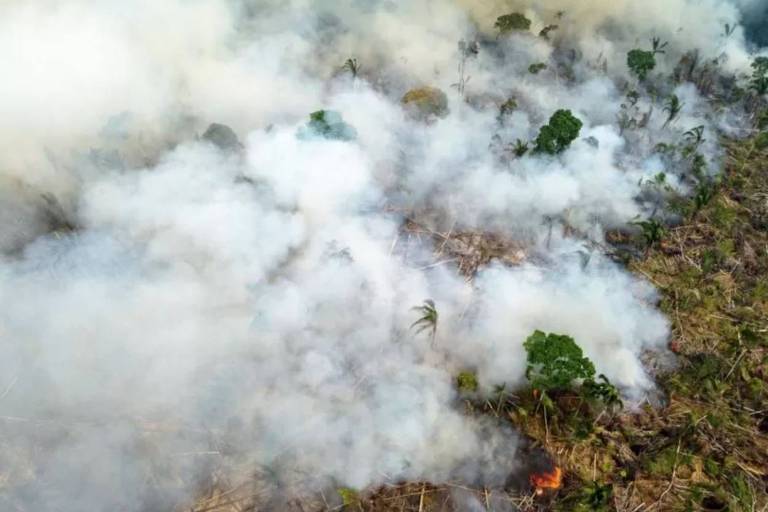 Parte da floresta amazônica coberta por fumaça de queimadas