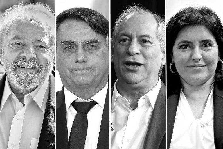 Montagem com candidatos à presidência; Luiz Inácio Lula da Silva (PT), Jair Bolsonaro (PL), Ciro Gomes (PDT) e Simone Tebet (MDB)