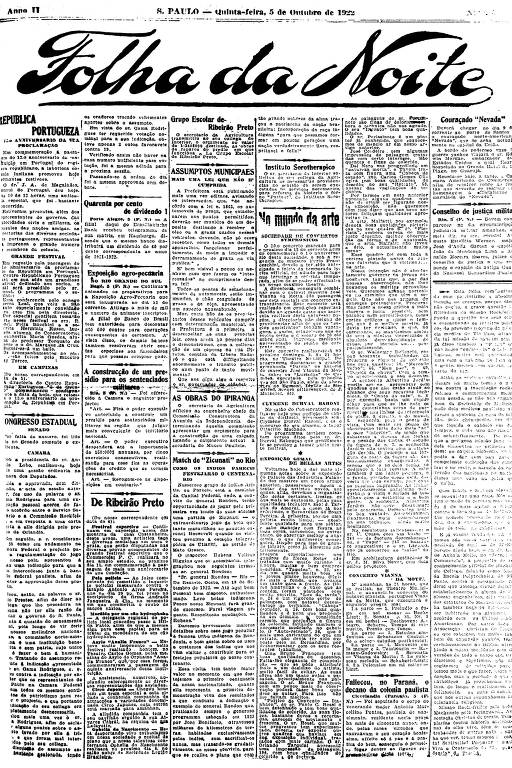 Primeira Página da Folha da Noite de 5 de outubro de 1922