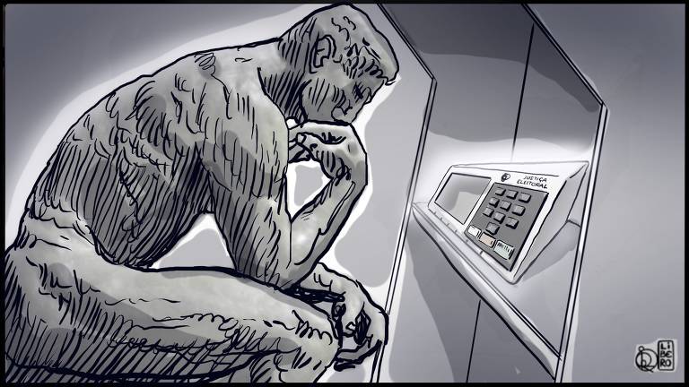 A ilustração mostra em perfil a escultura  O Pensador  de Rodin diante de uma urna eletrônica. Dela emana uma sutil luz. a cor geral da ilustração é cinza.