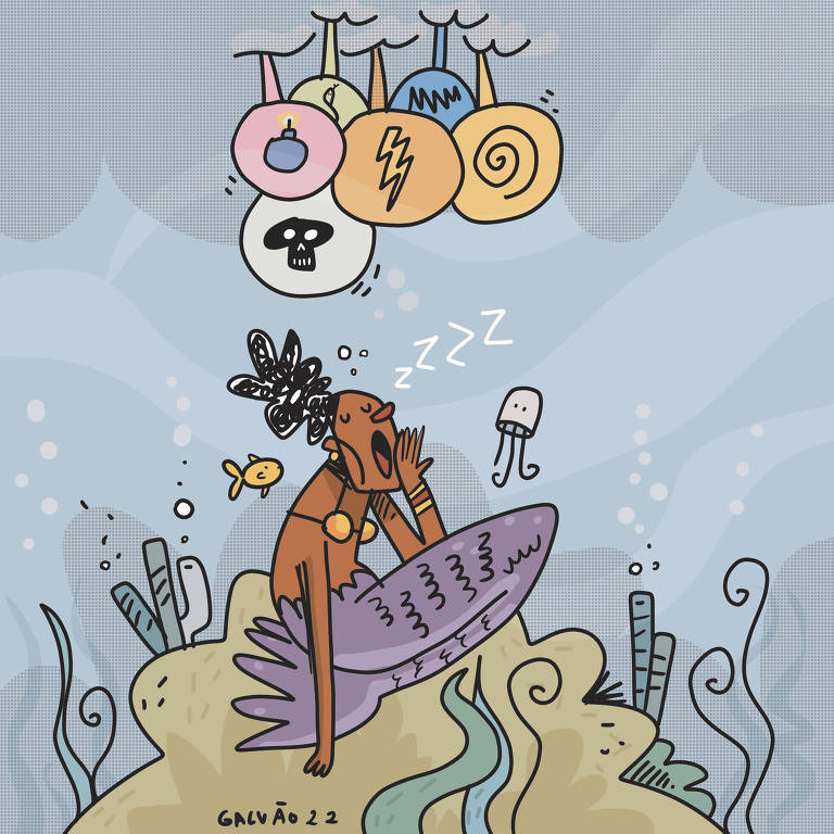Na ilustração de Galvão Bertazzi vemos uma sereia no fundo do mar. Ela é negra e está sentada em cima de um coral, com cara de entediada e bocejando, enquanto da superfície vemos alguns balões com xingamentos e outras bobagens. Isso parece não tirar o sossego da bela sereia.