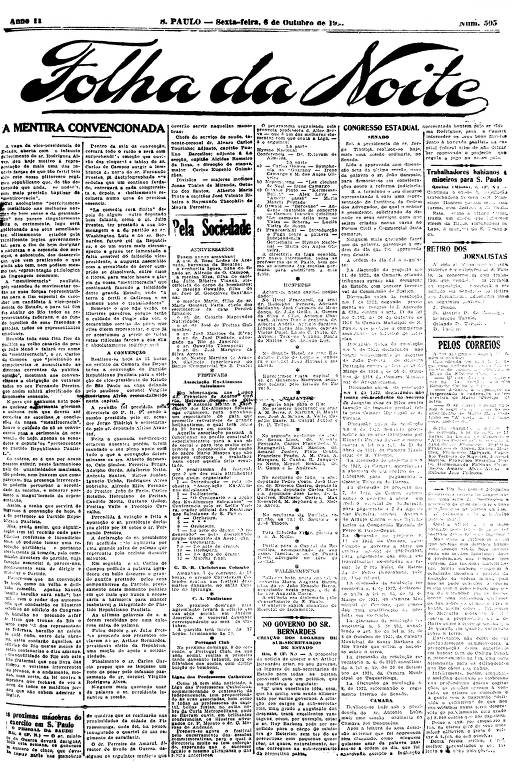 Primeira Página da Folha da Noite de 6 de outubro de 1922