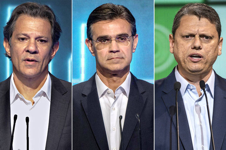 Os candidatos ao governo de São Paulo Fernando Haddad, Rodrigo Garcia e Tarcísio Freitas 