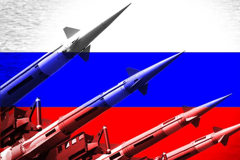 bandeira da russia com obuseiros à frente