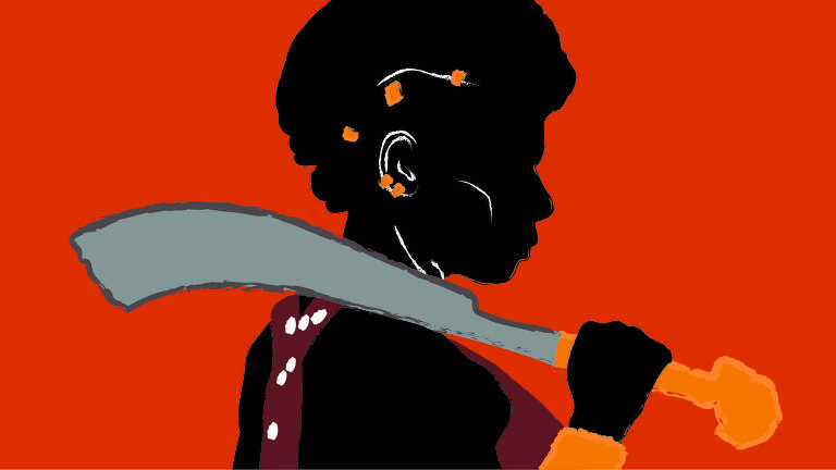 Na ilustração está a personagem Nanisca, interpretada por Viola Davis, ela é uma mulher negra, com cabelos crespos e está de perfil segurando uma espada acima dos ombros.