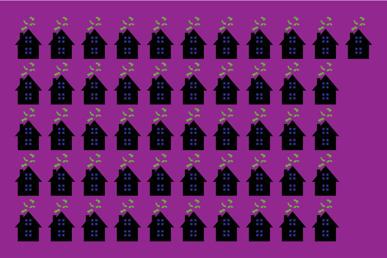 Sobre um fundo roxo há a silhueta de 51 casinhas pretas com janelas azul escuras com notas dinheiro saindo pela chaminé.