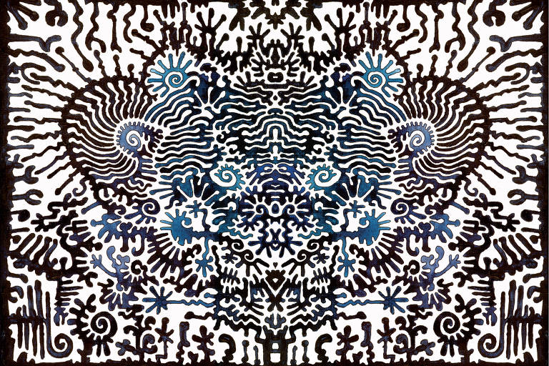 Ilustração psicodélica rebuscada em preto, branco e azul