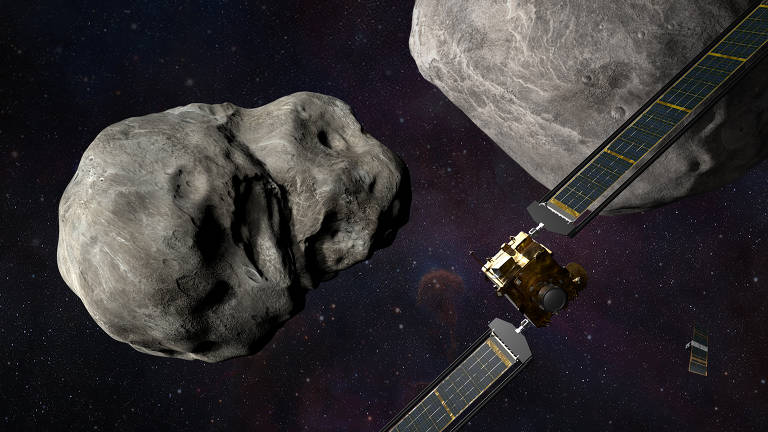 Ilustração mostra a nave Dart perto dos dois asteroides no espaço