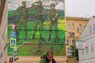 A view shows a mural painted in support of the Russian army in Moscow