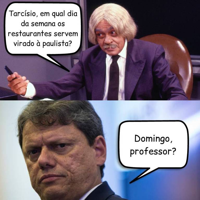 Meme mostra Chico Anysio caracterizado de professor perguntando em qual dia da semana os restaurantes servem virado à paulista.