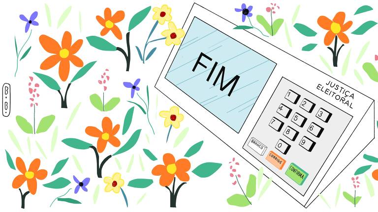 Urna eletrônica no lado direito da ilustração com o visor mostrando a palavra FIM e ao seu redor flores coloridas.