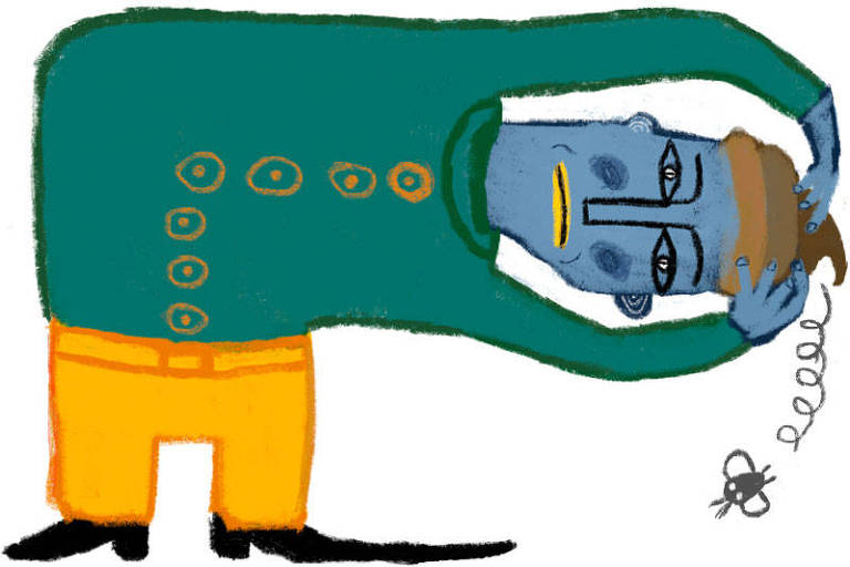Ilustração de pessoa estilizada com um cocô em cima da cabeça e uma mosca saindo dele. Suas duas mãos estão em cima da cabeça. A pessoa tem pele azul acinzentada e veste camisa de manga longa verde, calça amarela e sapatos pretos. O fundo é branco.