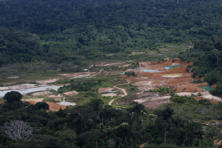 Imagem de vista aérea mostra áreas de garimpo ilegal na floresta amazônica