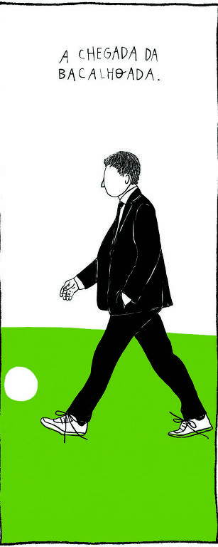 No desenho de Luiza Pannunzio um homem branco, grisalho, de terno preto e tênis branco caminha com a mão esquerda no bolso por um gramado verde. Logo, a sua frente há uma bola branca. E acima de sua cabeça a frase: A CHEGADA DA BACALHOADA.