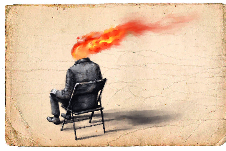 A ilustração de Adams Carvalho, publicada na Folha de São Paulo no dia 25 de Setembro de 2022, mostra o desenho de um homem de costas sentado em uma cadeira com a cabeça em chamas.