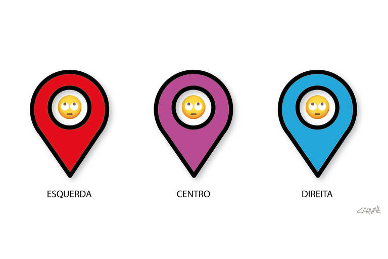 ilustração mostra três marcadores de posição, como os usados no Google Maps, com as cores vermelho, roxo e azul. Dentro de cada uma delas está um emoji com os olhos para cima