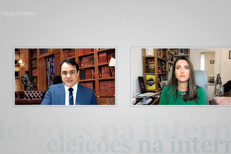 O professor de direito eleitoral e digital Alexandre Basílio e a repórter especial da Folha Patricia Campos Mello no segundo episódio da série Eleições na Internet