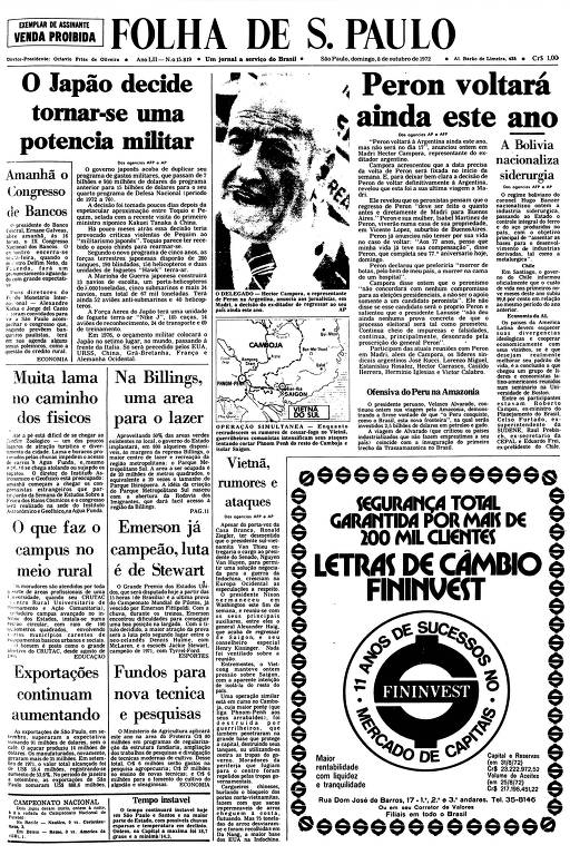 Primeira Página da Folha de 8 de outubro de 1972