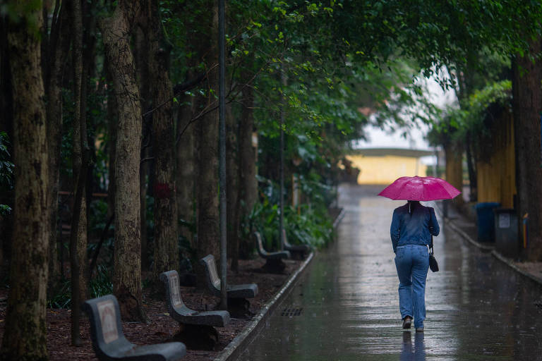 Mulher caminha com guarda-chuva em praça