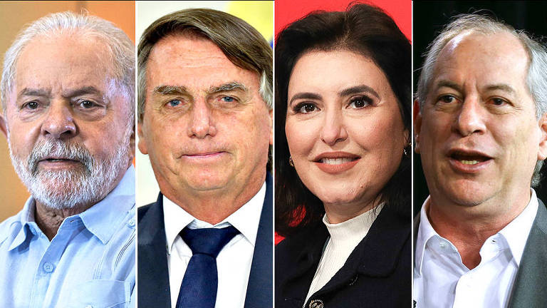 Montagem com candidatos a presidencia Luiz Inacio Lula da Silva (PT), Jair Bolsonaro (PL), e Simone Tebet (MDB) e Ciro Gomes 