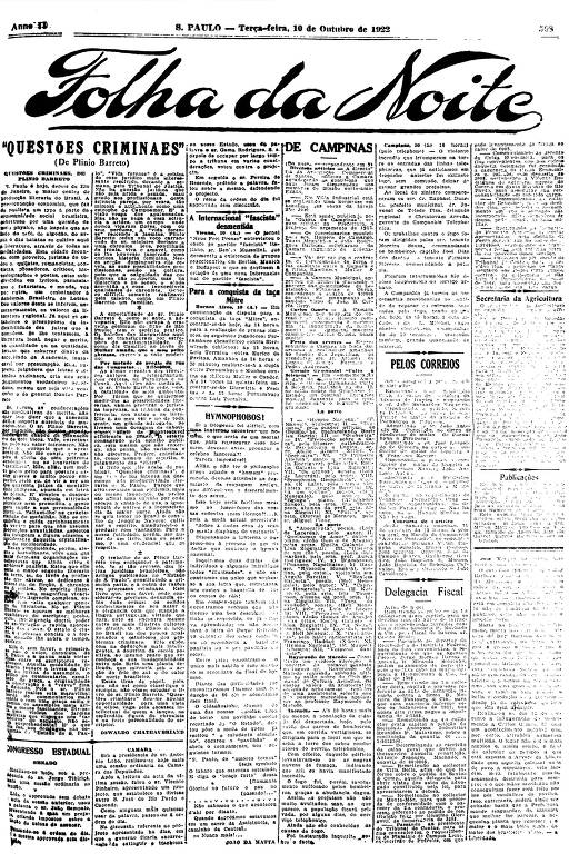 Primeira Página da Folha da Noite de 10 de outubro de 1922
