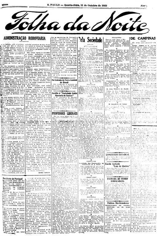 Primeira Página da Folha da Noite de 11 de outubro de 1922