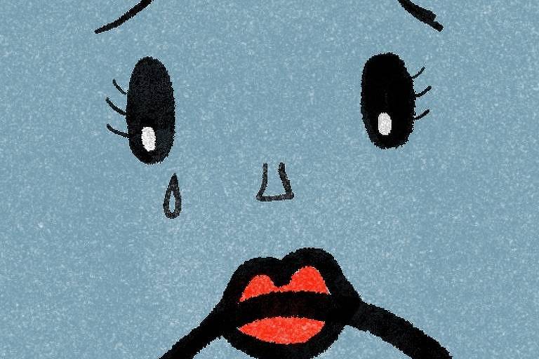 Desenho de uma boca de mulher com batom com feição triste e olhos chorando por cima de um fundo azul acinzentado.