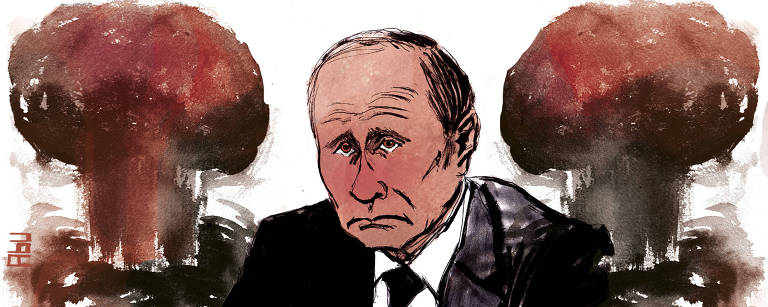 Duas explosões atômicas margeiam o rosto de um melancólico presidente Putin.