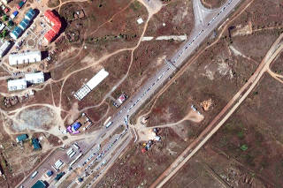 A satellite image shows traffic at the Khyagt border post on Russia's border with Mongolia