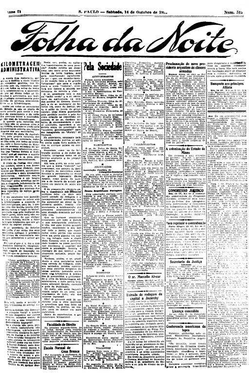 Primeira Página da Folha da Noite de 14 de outubro de 1922
