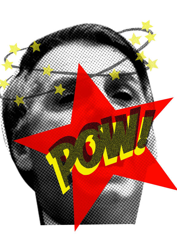 A imagem da cabeça de bolsonaro, em preto e branco, é sobreposta por um colorido "POW!", em um balão de quadrinho formado por uma estrela vermelha. 