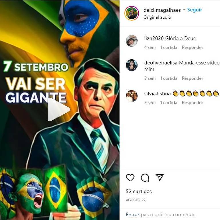 Print de publicação no instagram mostra imagem de apoio a Bolsonaro, com dizeres 7 de setembro vai ser grande