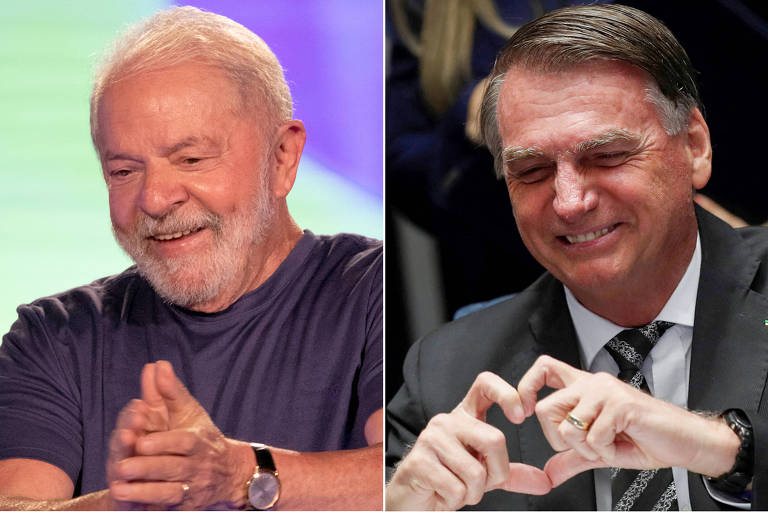 Montagem com fotos de Lula e Bolsonaro, lado a lado, sorrindo; Lula aplaude na foto, enquanto Bolsonaro faz um coração com as mãos