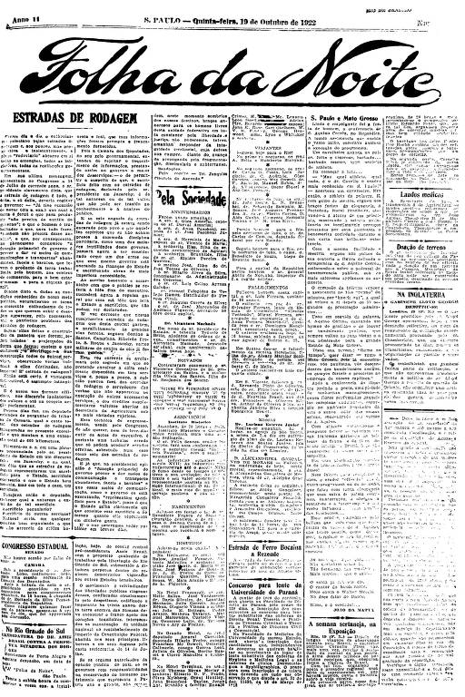Primeira Página da Folha da Noite de 19 de agosto de 1922