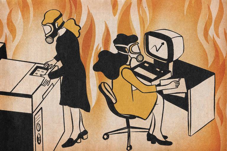 Duas mulheres usando máscaras de gás trabalham normalmente em um escritório em chamas
