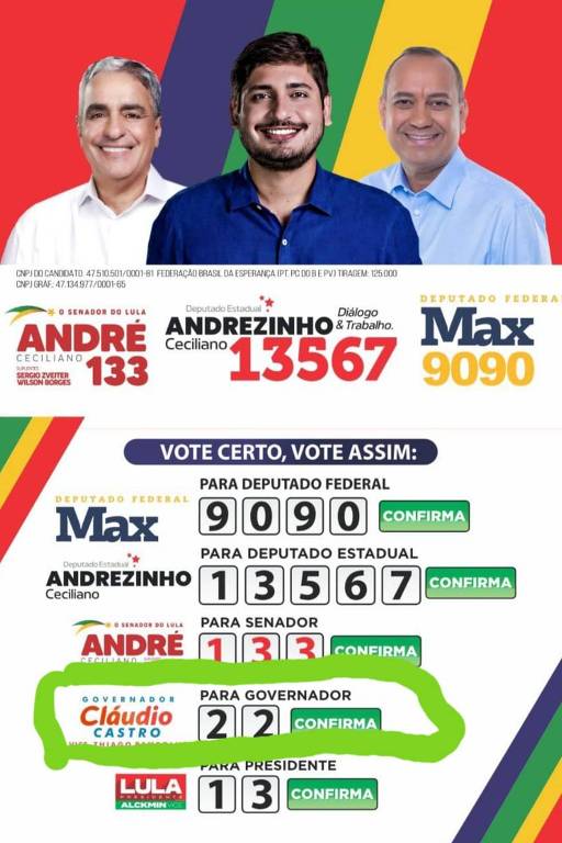 Material de campanha no Rio de Janeiro traz André Ceciliano (PT-RJ), candidato petista ao Senado, e Claudio Castro (PL), candidato bolsonarista ao governo