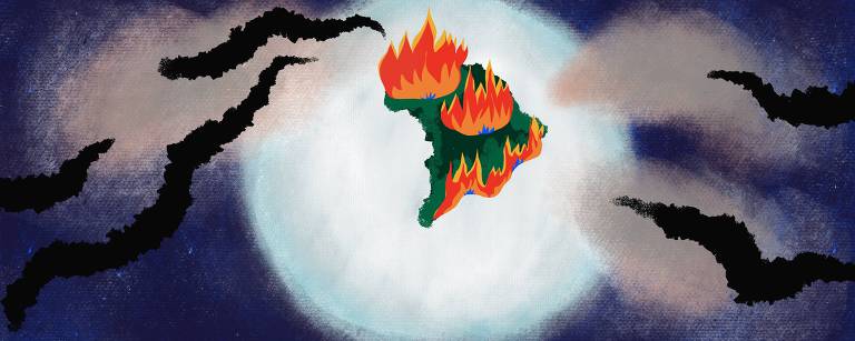 No centro da ilustração está o mapa do Brasil em chamas, das chamas emanam fumaça e poeira que se dissipam para todo o entorno. 