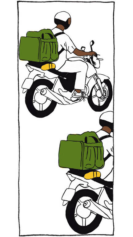 No desenho de Luiza Pannunzio há dois motoboys negros, usando capacetes em movimento. Um mais adiantado que o outro. Carregam a bolsa característica da profissão na cor verde e se vê galochas pretas de solas amarelas, para serem usadas na chuva amarradas na moto. 