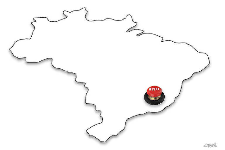 Ilustração de Carvall mostra o contorno do mapa do Brasil, com um grande botão vermelho escrito "reset" onde se localiza a região sudeste