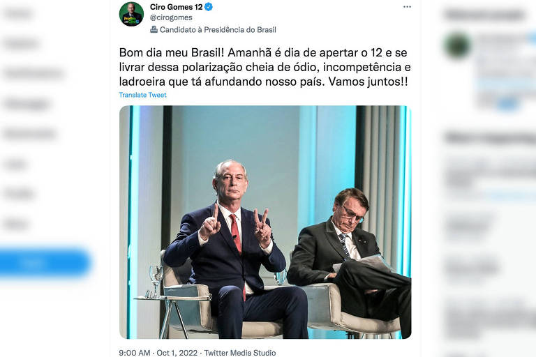 Foto postada na rede social do candidato Ciro Gomes ao lado de Jair Bolsonaro durante o debate na TV Globo