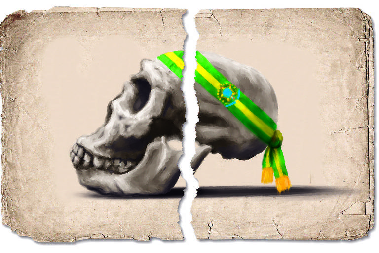 A ilustração de Adams Carvalho, publicada na Folha de S.Paulo no dia 2 de Outubro de 2022, mostra o desenho de um crânio neandertal com uma faixa presidencial verde-amarela amarrada na altura da testa. A imagem está impressa em uma folha de papel antiga rasgada ao meio