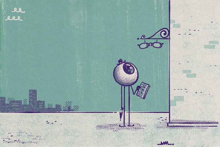 Na ilustração de Marcelo Martinez: um personagem, formado por um globo ocular de chapéu e com longas pernas, está parado em frente à fachada de uma loja que tem um par de óculos pendurado como placa
